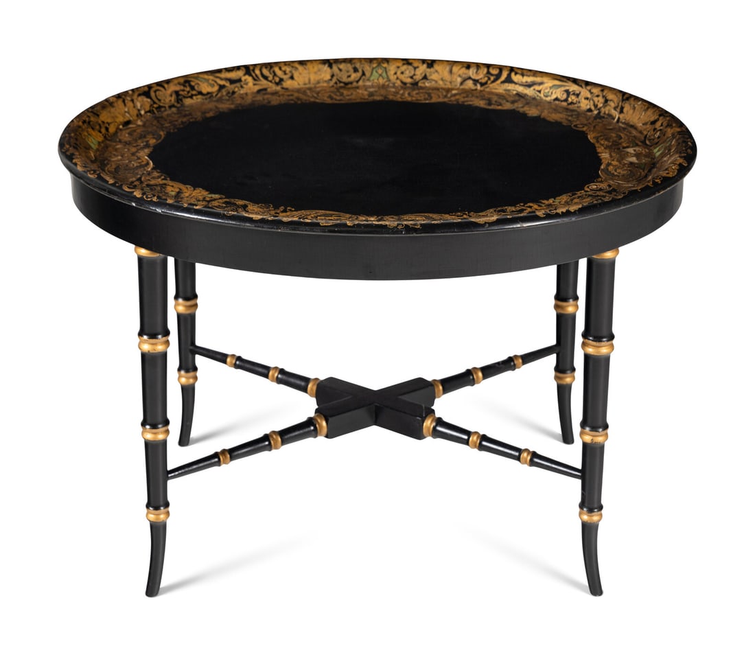 A Victorian Black Lacquer and Parcel Gilt Papier Mache Tray on Stand (1 of 3)