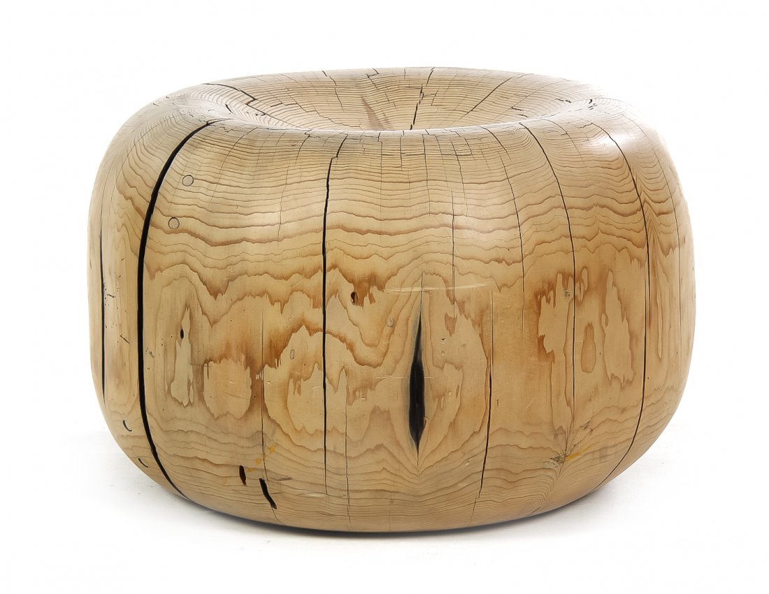 A Turned Wood Ottoman, Height 15 x diameter 23 inches.: A Turned Wood Ottoman, of circular form with rounded edges and having a concave top. Height 15 x diameter 23 inches.