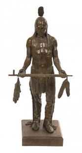 An American Bronze Figure, Barry Eisenach, Height 36 in: An American Bronze Figure, Barry Eisenach, depicting a standing Native American holding a peace pipe, signed, edition 9/20, raised on a wood plinth. Height 36 inches.