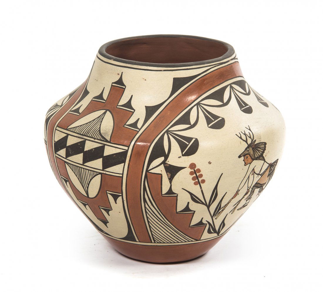 A Zia Pottery Olla, Sofia Medina, Height 10 1/4 x diame: A Zia Pottery Olla, Sofia Medina, having geometric decoration with two side medallions of a turkey hunter, and a deer hunter, signed Sofia Medina, Zia on side, near base. Height 10 1/4 x diameter 11 i
