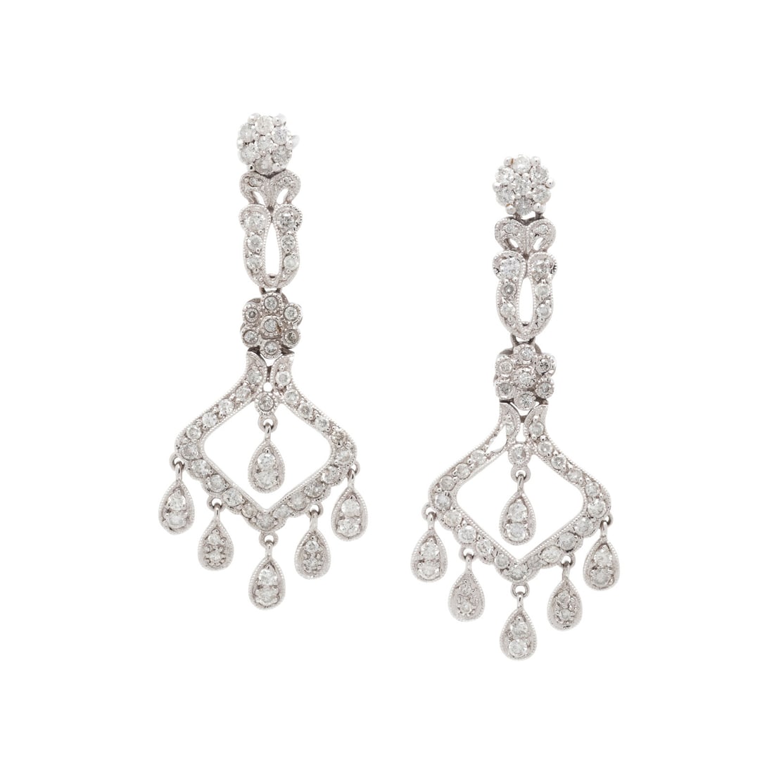 DIAMOND EARRINGS: DIAMOND EARRINGS Round diamonds weighing approximately 1.40 carats total. White gold. 1 3/4 inches long. Gross weight: 4.65 dwt. This lot is located in Chicago.