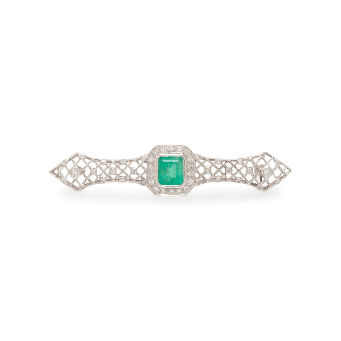 EMERALD AND DIAMOND BROOCH: EMERALD AND DIAMOND BROOCH Emerald cut emerald weighing approximately 1.80 carats by formula, and round diamonds. 18 karat white gold. 2 5/8 inches long. Stamp: 750. Gross weight: 4.70 dwt.