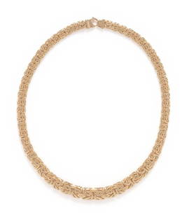 YELLOW GOLD BYZANTINE LINK NECKLACE: YELLOW GOLD BYZANTINE LINK NECKLACE Graduating links measuring approximately 10.50 - 7.25 mm wide. 14 karat yellow gold. 16 1/2 inches long. Stamp: 14Kt ITALY. Gross weight: 14.45 dwt. This lot is loc
