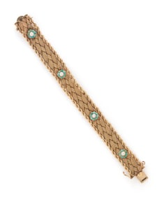 YELLOW GOLD, CULTURED PEARL, AND TURQUOISE BRACELET