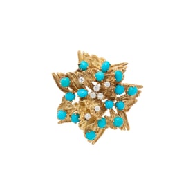 YELLOW GOLD, TURQUOISE AND DIAMOND PENDANT/BROOCH