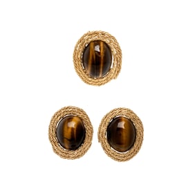 TIGER'S EYE AND YELLOW GOLD EARRINGS AND PENDANT/BROOCH