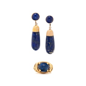 LAPIS LAZULI AND YELLOW GOLD EARRINGS AND RING