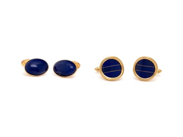 TWO PAIRS OF LAPIS LAZULI AND YELLOW GOLD CUFFLINKS