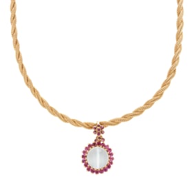 CAT'S EYE MOONSTONE AND PINK SAPPHIRE PENDANT/NECKLACE
