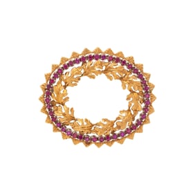 GOLD AND RUBY LEAF BROOCH