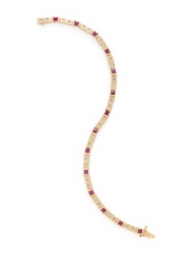YELLOW GOLD, SYNTHETIC RUBY, AND DIAMOND BRACELET