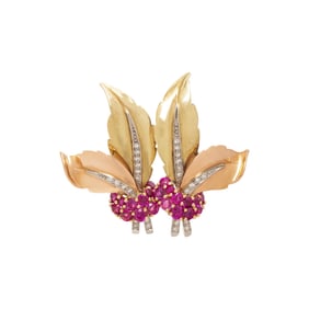 TRICOLOR GOLD, RUBY, AND DIAMOND BROOCH