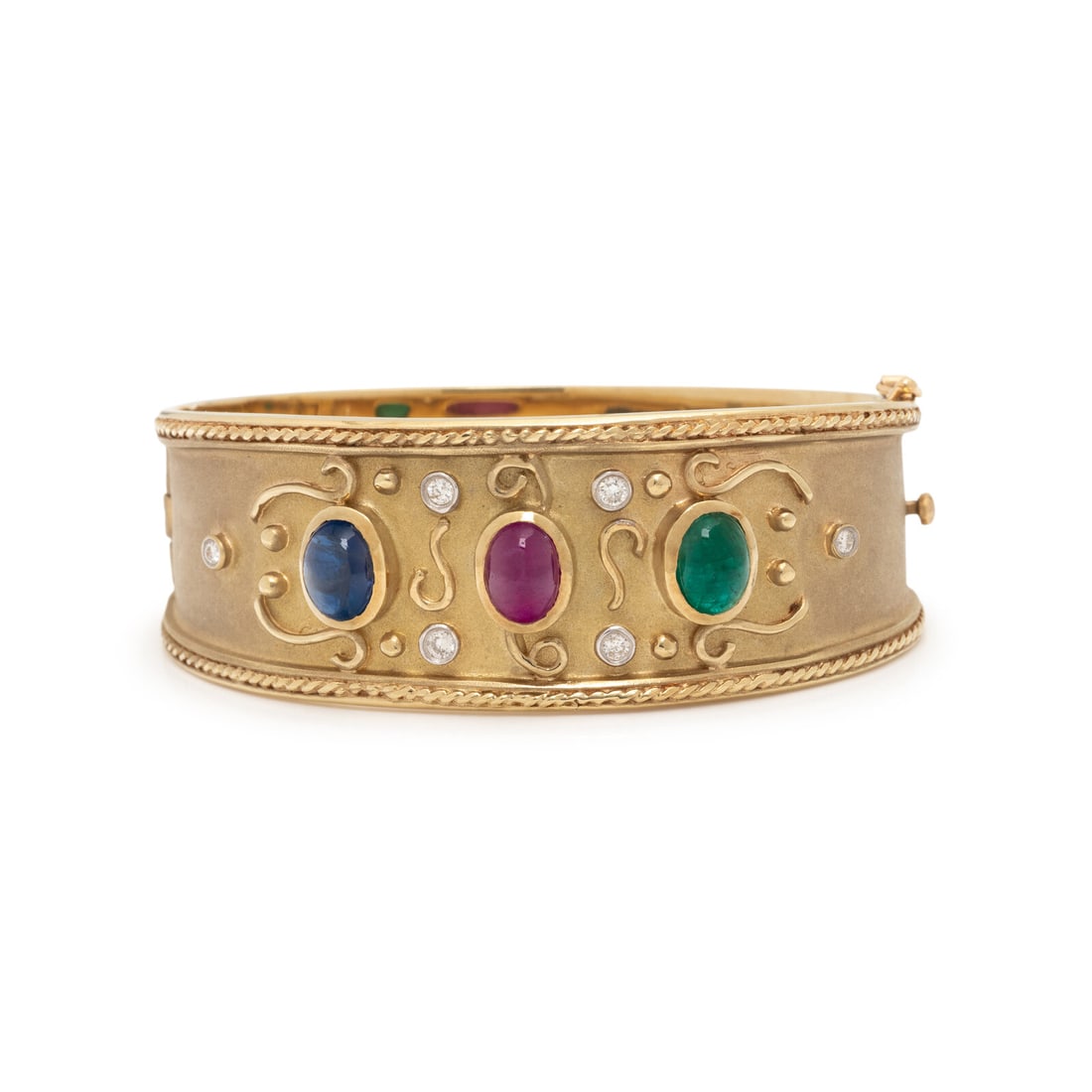 BRUSHED YELLOW GOLD, RUBY, EMERALD, SAPPHIRE, AND DIAMOND BANGLE BRACELET (1 of 2)
