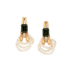 YELLOW GOLD, TOURMALINE, AND SEED PEARL HOOP EARRINGS