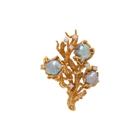 YELLOW GOLD, DIAMOND, AND CULTURED PEARL BRANCH BROOCH