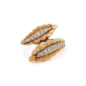 GOLD AND DIAMOND LEAF BYPASS RING