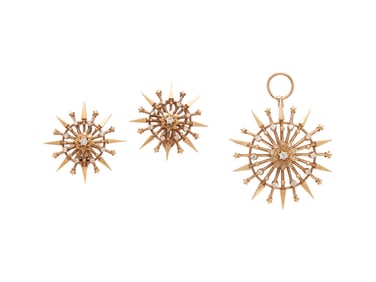 YELLOW GOLD AND DIAMOND EARRINGS AND PENDANT/BROOCH