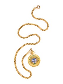 YELLOW GOLD, ENAMEL AND DIAMOND POCKET WATCH AND FOB CHAIN