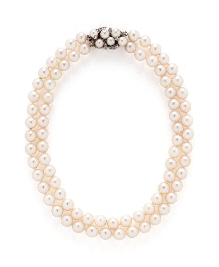 CULTURED PEARL AND DIAMOND CHOKER NECKLACE: CULTURED PEARL AND DIAMOND CHOKER NECKLACE Two strands of cultured pearls measuring approximately 7.50 - 7.80 mm, with a 14 karat white gold clasp set with cultured pearls measuring approximately 5.40