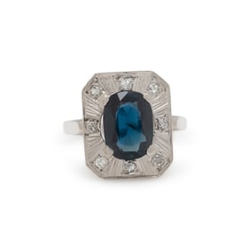 SAPPHIRE, DIAMOND, AND WHITE GOLD RING