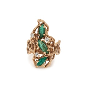 EMERALD, DIAMOND, AND YELLOW GOLD RING