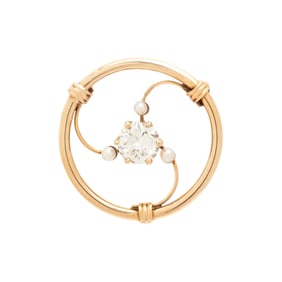 YELLOW GOLD, DIAMOND, AND SEED PEARL BROOCH