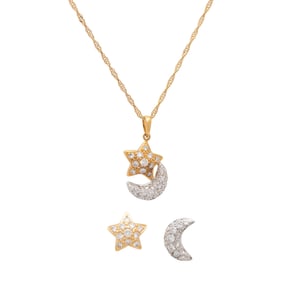 BICOLOR GOLD AND DIAMOND MOON AND STAR SET