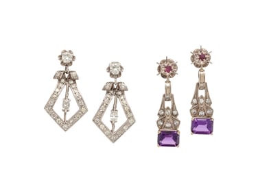 TWO PAIRS OF WHITE GOLD AND GEMSTONE EARRINGS