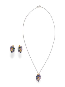 MULTICOLOR SAPPHIRE AND DIAMOND EARRINGS AND NECKLACE