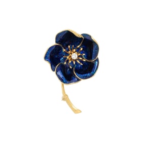 DIAMOND, BLUE ENAMEL AND GOLD FLOWER BROOCH