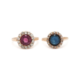 PAIR OF GEMSTONE AND DIAMOND RINGS