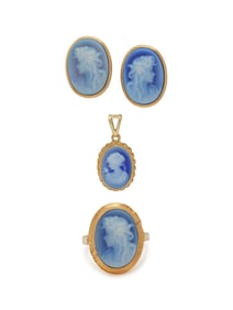 COLLECTION OF BLUE AGATE CAMEO JEWELRY