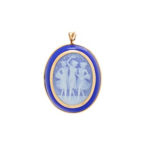 YELLOW GOLD AND BLUE AGATE CAMEO PENDANT/BROOCH