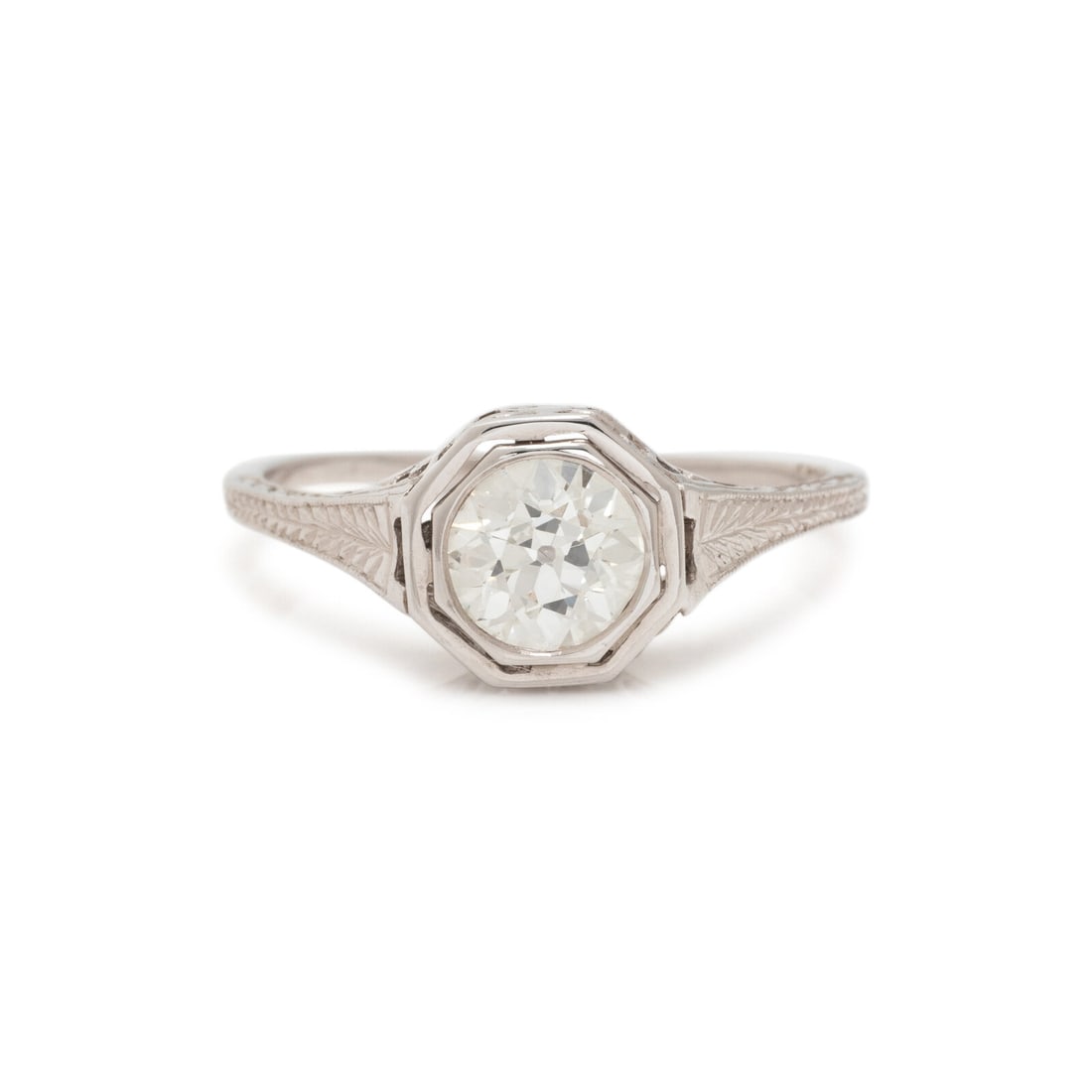 DIAMOND AND PLATINUM RING: DIAMOND AND PLATINUM RING Old European cut diamond weighing approximately 0.80 carat total. Platinum. Ring size 7. Stamp: PLATINUM. Gross weight: 1.80 dwt. This lot is located in Chicago.