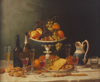 John F. Francis (American, 1808-1886) Still Life with Fruit, Cheeses, Nuts, Glasses, and Ewer