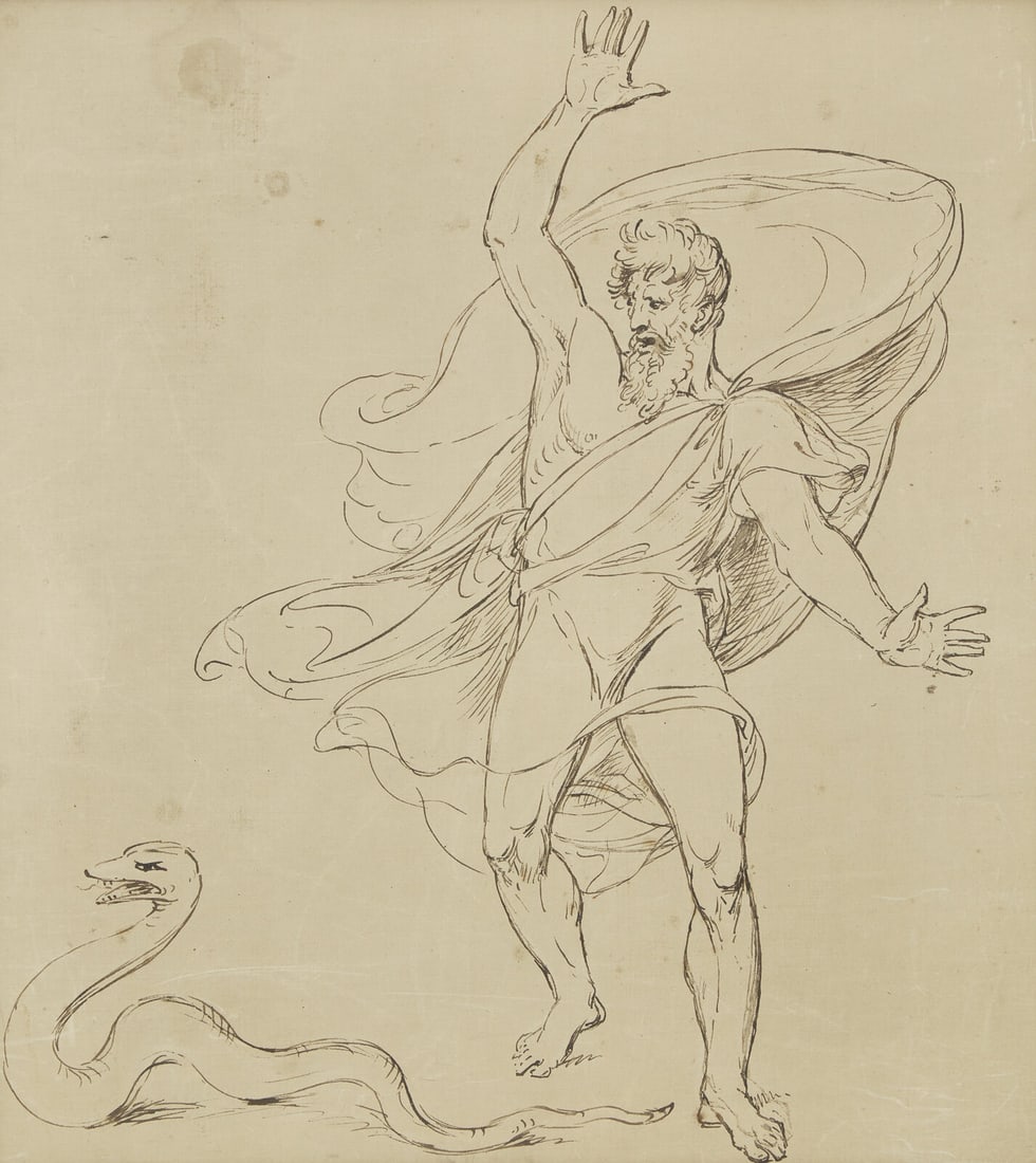 Benjamin West (American, 1738-1820) Adam and the Serpent: Benjamin West (American, 1738-1820) Adam and the Serpent pen and ink on paper inscribed An Ideal Sketch / Adam, horror-stricken at seeing the cause of his Transgression / is compelled to follow the Ol