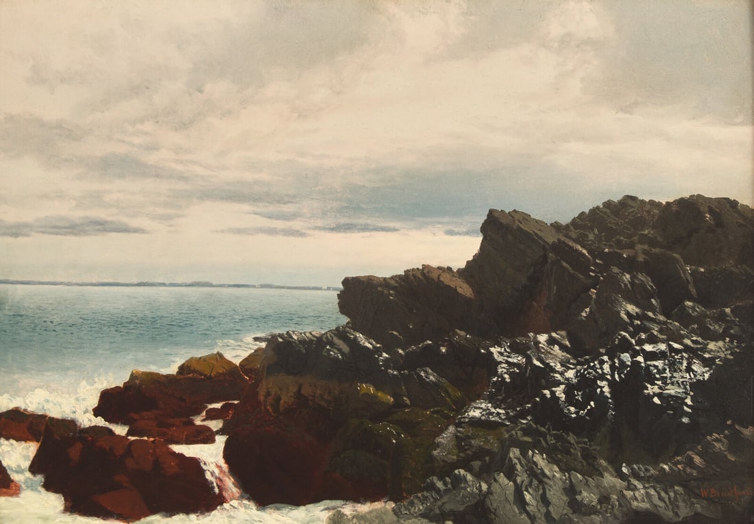 William Bradford (American, 1823-1892) Rocky Shore, Nahant: William Bradford (American, 1823-1892) Rocky Shore, Nahant oil on paper mounted to board signed W Bradford (lower right) 13 1/2 x 19 1/2 in. Provenance: (Possibly) Lake View Gallery, New York, New Yor