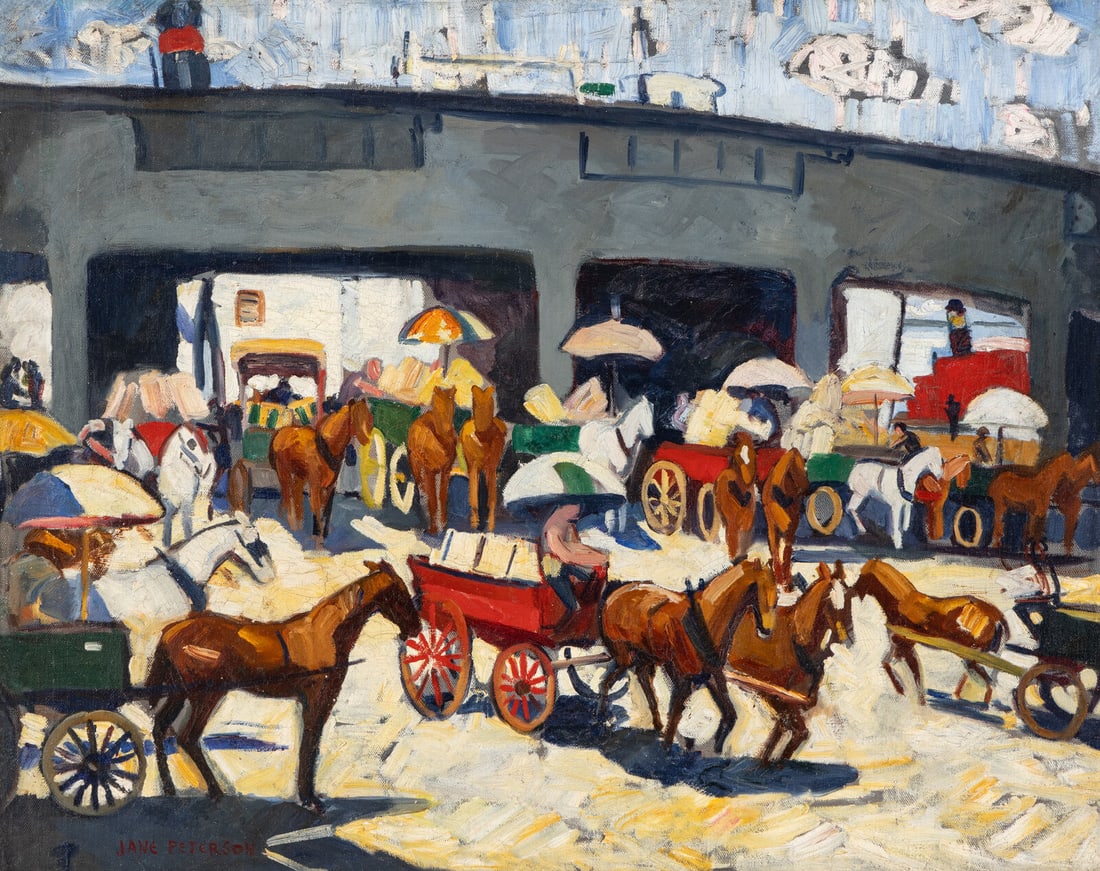 Jane Peterson (American, 1876-1965) Street Scene, c. 1910-1918: Jane Peterson (American, 1876-1965) Street Scene, c. 1910-1918 oil on canvas signed JANE PETERSON (lower left) 24 1/4 x 30 1/4 in. Provenance: Private Collection, Florida. Lot Note: Throughout her len