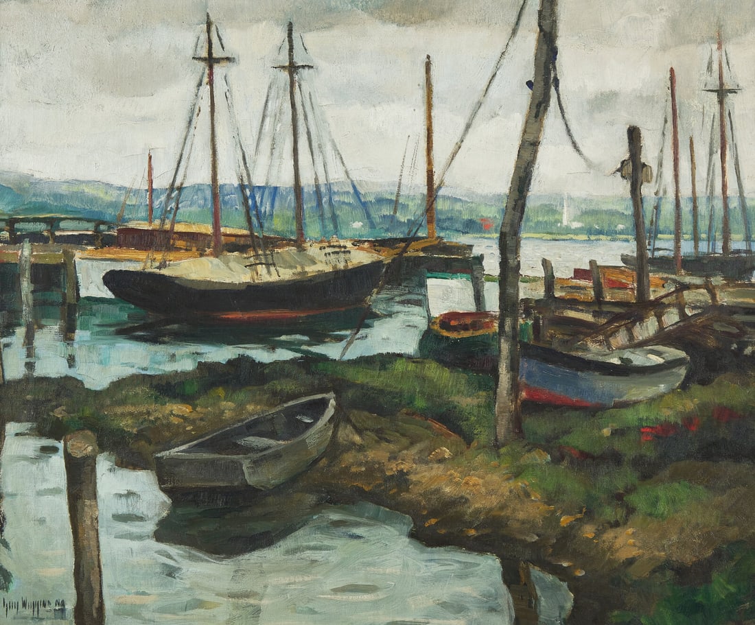 Guy Carleton Wiggins (American, 1883-1962) Docks and Boats, Essex, Conn.: Guy Carleton Wiggins (American, 1883-1962) Docks and Boats, Essex, Conn. oil on canvas signed Guy Wiggins, NA (lower left); also signed and titled (on the reverse) 25 x 30 in. Property from an Importa