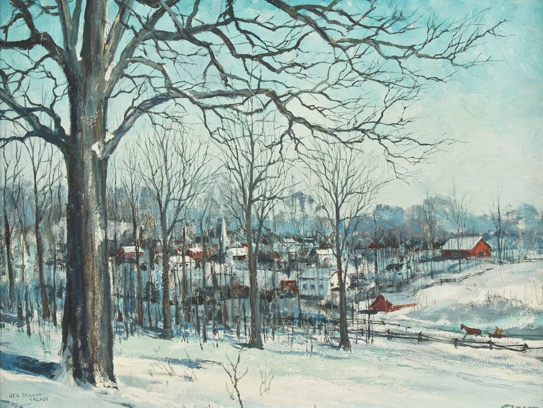 Eric Sloane (American, 1905-1985) New England Village: Eric Sloane (American, 1905-1985) New England Village oil on Masonite signed Sloane (lower right) and titled (lower left) 18 x 24 in. Property from the Collection of Susan Tong