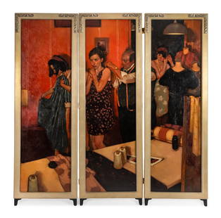 Joseph Lorusso (American, b. 1966) Getting Fitted (Three-Panel Screen): Joseph Lorusso (American, b. 1966) Getting Fitted (Three-Panel Screen) oil on panel signed LORUSSA (lower left, left-hand panel) each panel: 66 1/4 x 19 1/4 in. Property from the Estate of a Private C