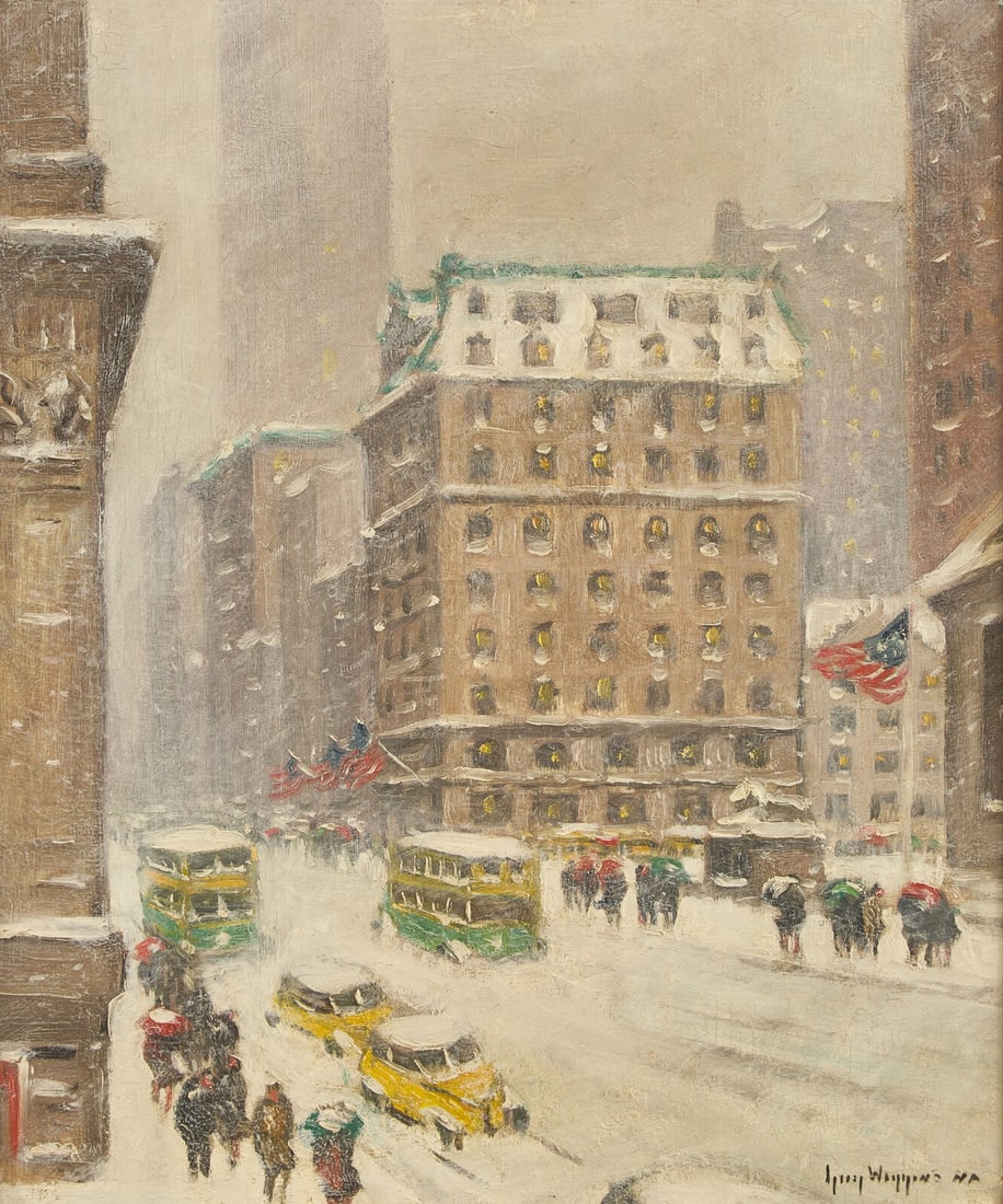 Guy Carleton Wiggins (American, 1883-1962) 5th Avenue from 42nd Street (New York Public Library): Guy Carleton Wiggins (American, 1883-1962) 5th Avenue from 42nd Street (New York Public Library) oil on canvas signed Guy Wiggins NA (lower right); also signed and titled (on the reverse) 24 1/4 x 20