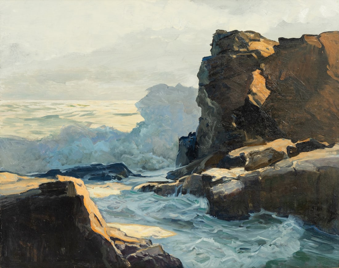Frederick Judd Waugh (American, 1861-1940) Bold Headland (The Seaside Rocks): Frederick Judd Waugh (American, 1861-1940) Bold Headland (The Seaside Rocks) oil on Masonite 22 3/4 x 28 in. Provenance: Grand Central Art Galleries, New Yor, New York. McCarty Gallery, Philadelphia.