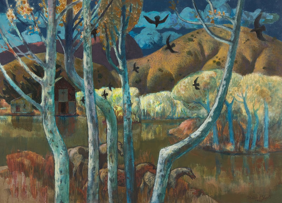 Millard Sheets (American, 1907-1989) A Magical Place (Landscape with Horses and Crows), 1979: Millard Sheets (American, 1907-1989) A Magical Place (Landscape with Horses and Crows), 1979 oil on canvas signed Millard Sheets and dated (lower right) 29 x 40 in. Property from an Important East Coa