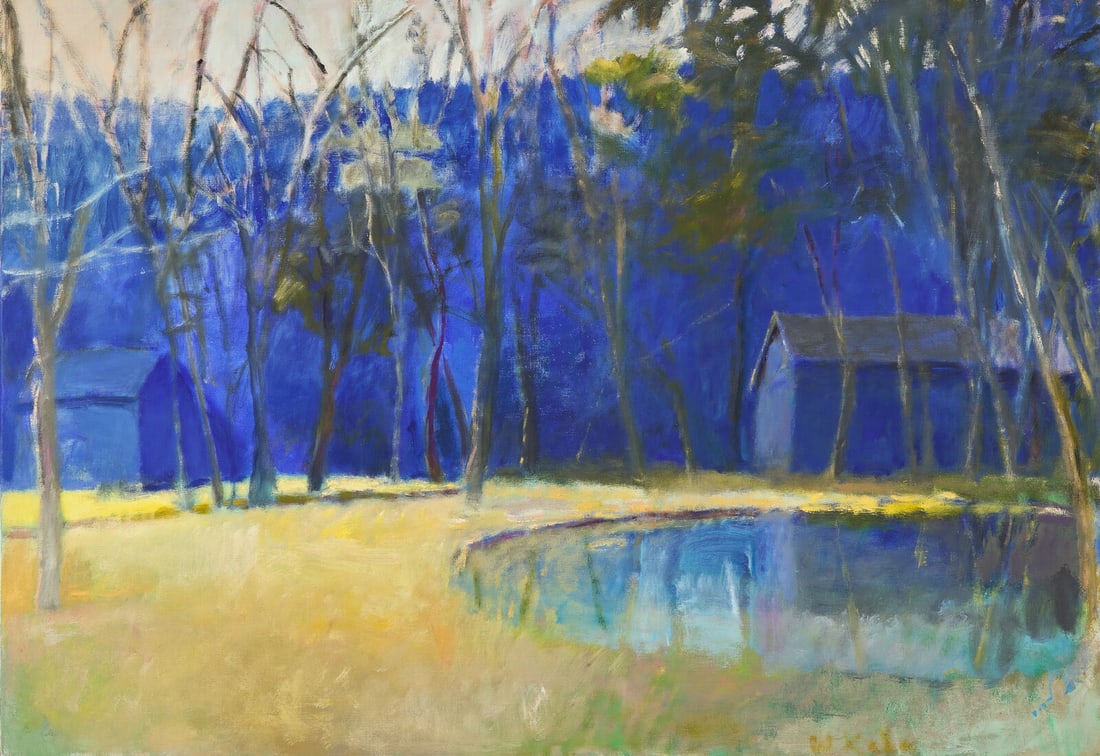 Wolf Kahn (American/German, 1927-2020) Pond on the Farm, 1987: Wolf Kahn (American/German, 1927-2020) Pond on the Farm, 1987 oil on linen signed W Kahn (lower right); also titled and dated (stretcher) 36 x 52 in. Provenance: Gerald Peters Gallery, Santa Fe, New M