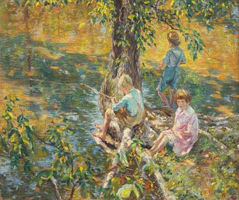 Roy Cleveland Nuse  (American, 1885-1975) Three Children Fishing, c. 1920