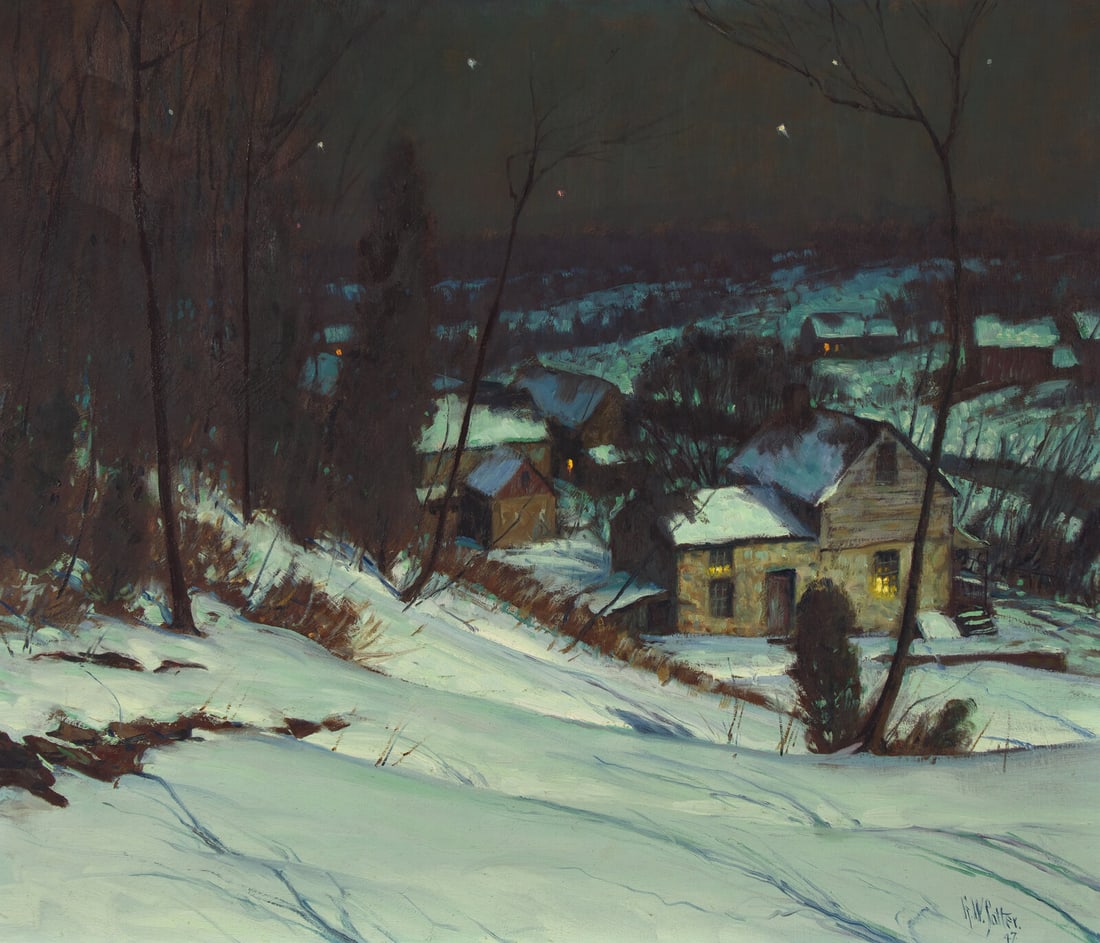 George William Sotter (American, 1879-1953) Winter Nocturne, 1947: George William Sotter (American, 1879-1953) Winter Nocturne, 1947 oil on Masonite signed G. W. Sotter and dated (lower right) 22 x 26 in. Housed in a giltwood Bernard Badura frame. Provenance: Private