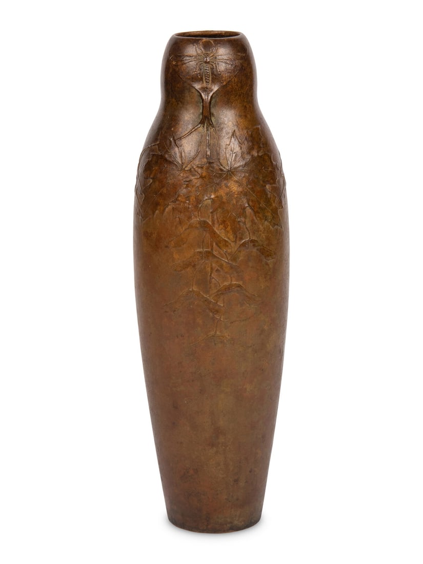 Hugo Elmquist (Swedish, 1862-1930) Maple Leaves and Moth vase, c. 1904: Hugo Elmquist (Swedish, 1862-1930) Maple Leaves and Moth vase, c. 1904 patinated bronze incised 'H.E.' Height 15 1/2 x diameter 4 1/2 inches. Property from the Estate of James G. Hansen at Fetcher Hou