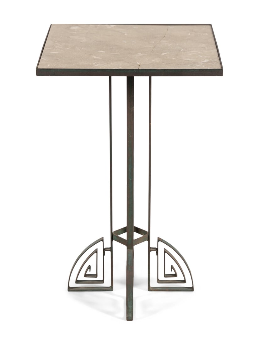 An Art Deco Stone-Top Iron Side Table: An Art Deco Stone-Top Iron Side Table Early-Mid 20th Century Height 29 1/4 x width 18 1/4 x depth 18 1/4 inches. Property from the Estate of James G. Hansen at Fetcher House, Winnetka, Illinois This l