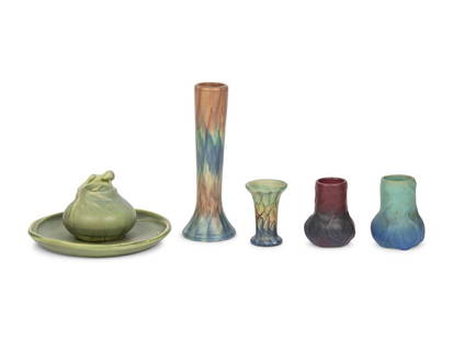 A Collection of Glazed Pottery Vessels: A Collection of Glazed Pottery Vessels Early 20th Century comprising a Rookwood inkwell with attached undertray, two Van Briggle vases, a marked Peters and Reed vase, and a small unsigned vase attribu